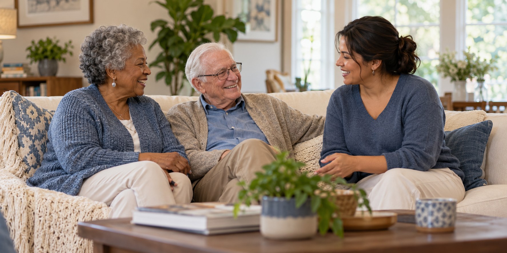Two older adults share a warm conversation with a caregiver at home